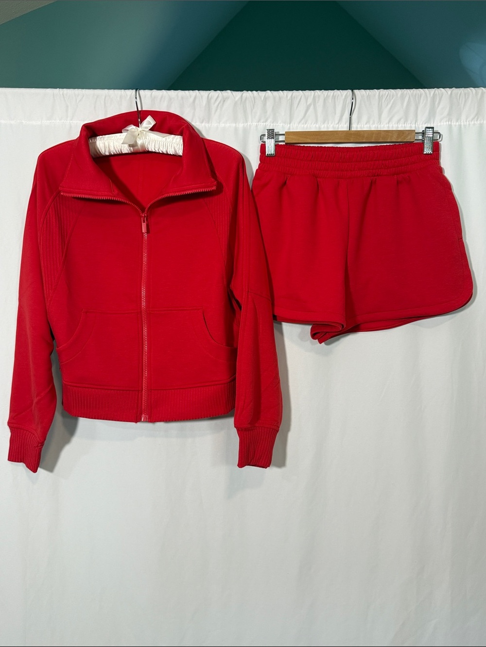 Zenana Red Zip-Up Bomber Jacket with Matching Shorts
